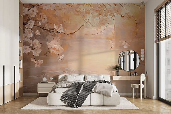 Fotobehang Schilderij van een boomtak met bloemen (Artikelnummer: w09046) Fotobehang Fotobehang Schilderij van een boomtak met bloemen (Artikelnummer: w09046)