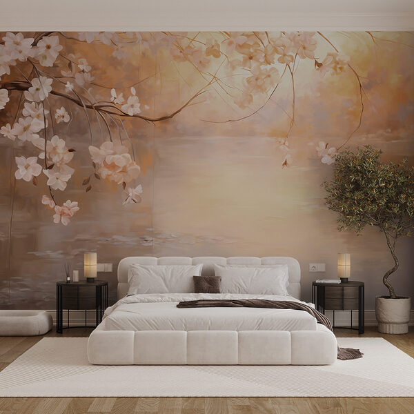 Fotobehang Schilderij van een boomtak met bloemen