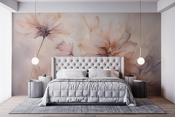Schilderij van bloemen op een witte achtergrond Fotobehang Schilderij van bloemen op een witte achtergrond