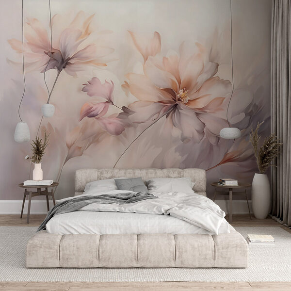 Schilderij van bloemen op een witte achtergrond Fotobehang Schilderij van bloemen op een witte achtergrond
