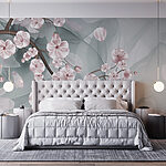 Fotobehang Tak met roze bloemen en witte bloemen