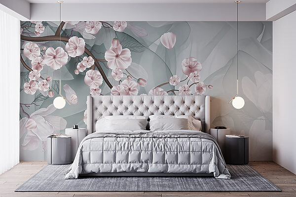 Tak met roze bloemen en witte bloemen Fotobehang Tak met roze bloemen en witte bloemen