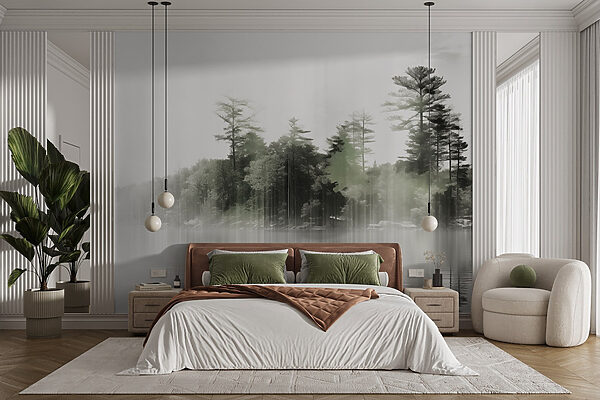Fotobehang Fotobehang Waterlichaam met bomen en mist (Artikelnummer: w09058)