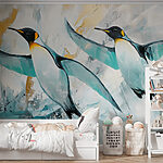 Fotobehang Schilderij van vliegende pinguïns