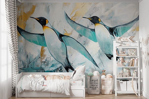 Schilderij van vliegende pinguïns Fotobehang Schilderij van vliegende pinguïns