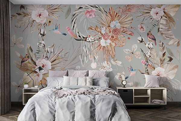 Behang met bloemen en veren Fotobehang Behang met bloemen en veren