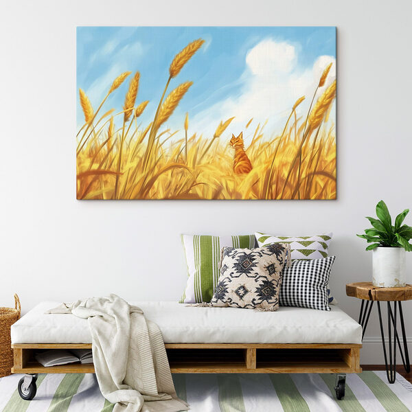 Kat zittend in een tarweveld Canvas Schilderijen Kat zittend in een tarweveld