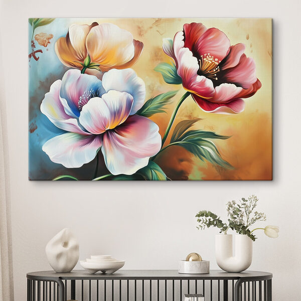 Schilderij van bloemen op gele achtergrond Canvas Schilderijen Schilderij van bloemen op gele achtergrond