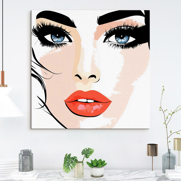 Vrouw’s gezicht met make-up en rode lippen Canvas Schilderijen Vrouw’s gezicht met make-up en rode lippen