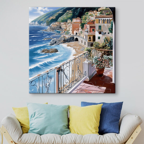 Balkon met uitzicht op een strand en een stad Canvas Schilderijen Balkon met uitzicht op een strand en een stad