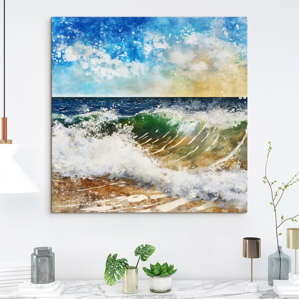 Aquarel van golven op een strand Canvas Schilderijen Aquarel van golven op een strand