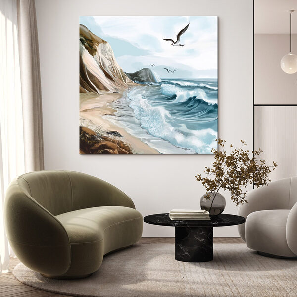 Zeemeeuw vliegend over een strand Canvas Schilderijen Zeemeeuw vliegend over een strand