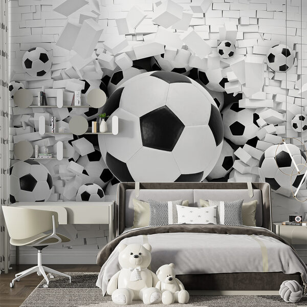 Fotobehang Voetballen barsten door de muur