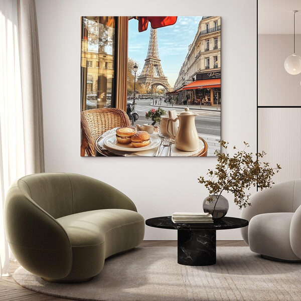 Tafel met eten erop en een tafel met een toren op de achtergrond Canvas Schilderijen Tafel met eten erop en een tafel met een toren op de achtergrond