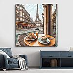 Canvas Schilderijen Tafel met een bord eten en een kop koffie erop