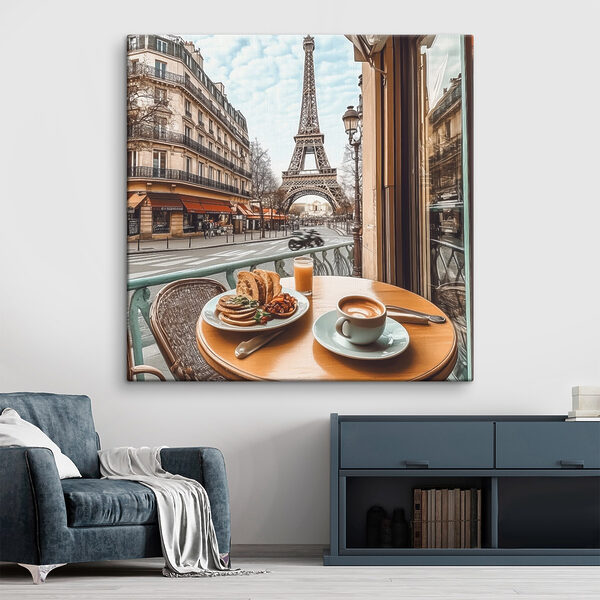Tafel met een bord eten en een kop koffie erop Canvas Schilderijen Tafel met een bord eten en een kop koffie erop