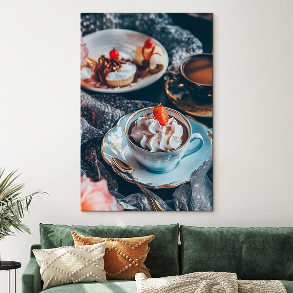 Kopje koffie met slagroom en aardbeien Canvas Schilderijen Kopje koffie met slagroom en aardbeien