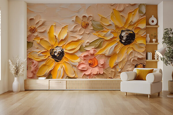 Schilderij van bloemen op een muur Fotobehang Schilderij van bloemen op een muur