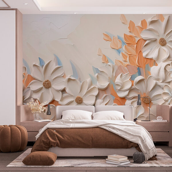 Schilderij van bloemen op een muur Fotobehang Schilderij van bloemen op een muur