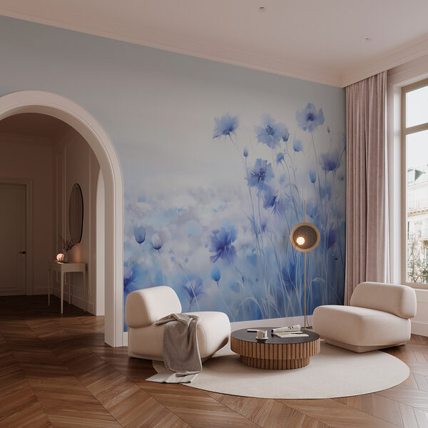 Bloemenveld met een bewolkte lucht Fotobehang Bloemenveld met een bewolkte lucht