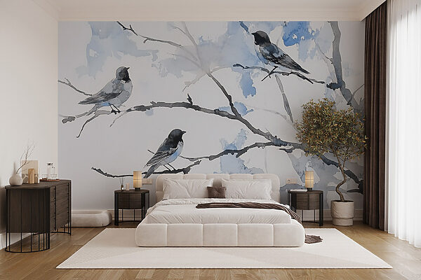 Groep vogels op een boomtak Fotobehang Groep vogels op een boomtak
