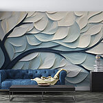 Fotobehang Witte en blauwe boom met bladeren