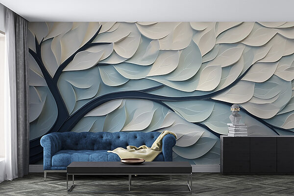 Witte en blauwe boom met bladeren Fotobehang Witte en blauwe boom met bladeren