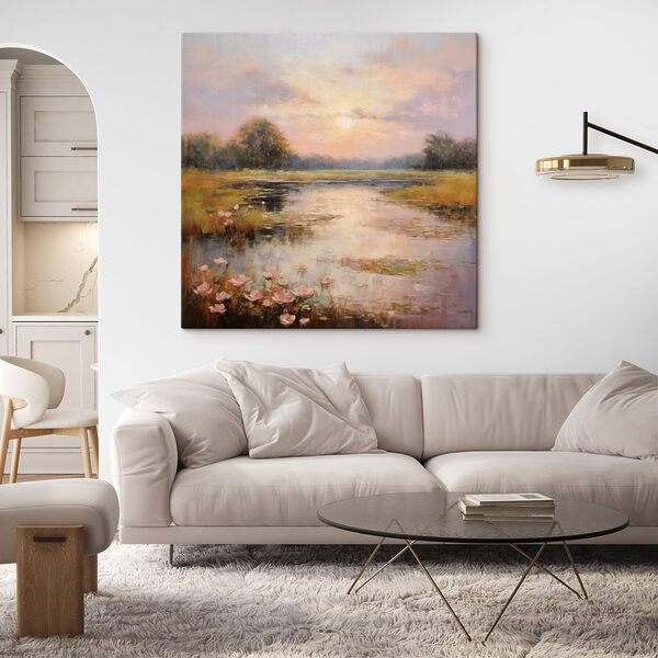 Schilderij van een meer met bloemen Canvas Schilderijen Schilderij van een meer met bloemen
