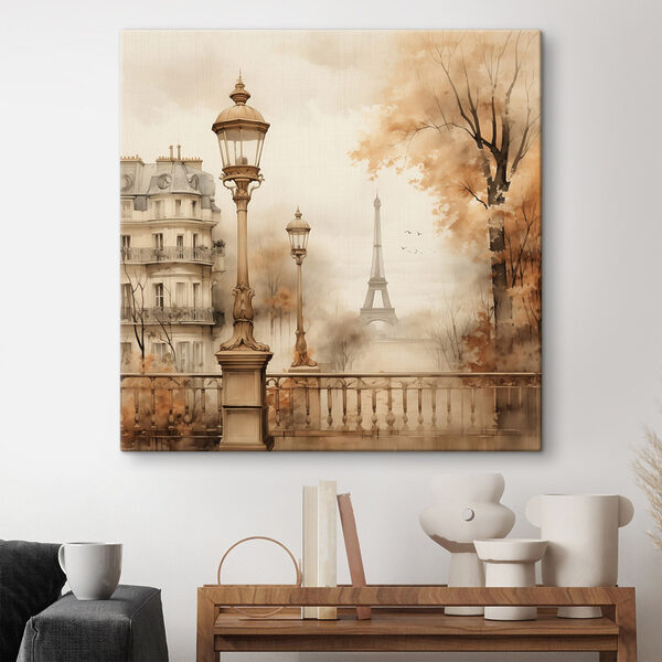 Straatlantaarn en bomen met een toren op de achtergrond Canvas Schilderijen Straatlantaarn en bomen met een toren op de achtergrond