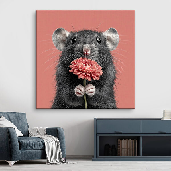 Muis die een bloem vasthoudt Canvas Schilderijen Muis die een bloem vasthoudt