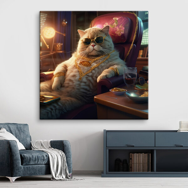 Kat met zonnebril en ketting, zittend in een stoel Canvas Schilderijen Kat met zonnebril en ketting, zittend in een stoel