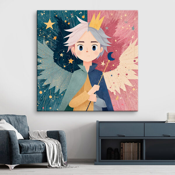 Spotprent van een jongen met vleugels en een kroon Canvas Schilderijen Spotprent van een jongen met vleugels en een kroon