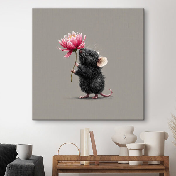 Muis die een bloem vasthoudt Canvas Schilderijen Muis die een bloem vasthoudt