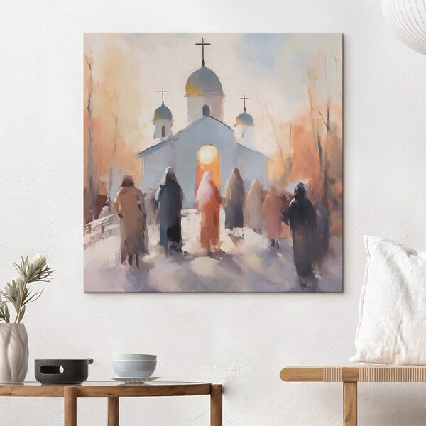 Groep mensen loopt voor een kerk Canvas Schilderijen Groep mensen loopt voor een kerk