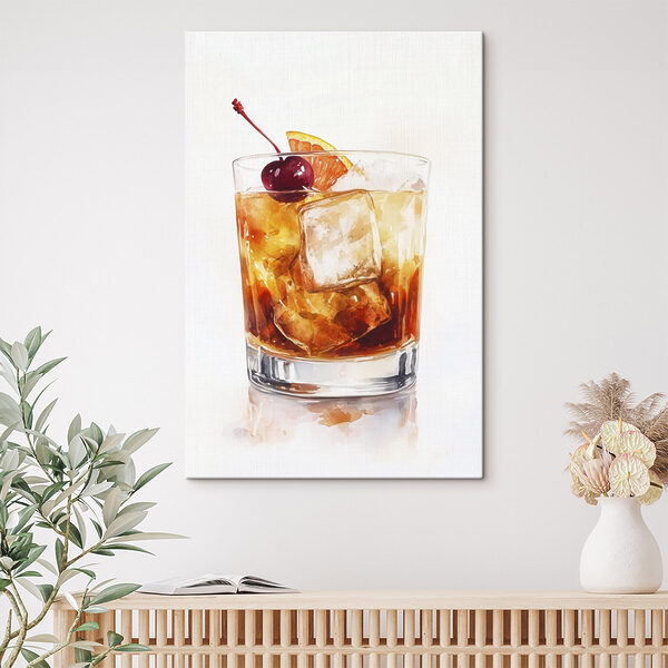 Glas met ijs en een kers bovenop Canvas Schilderijen Glas met ijs en een kers bovenop
