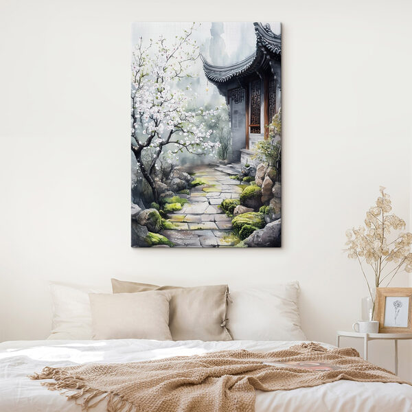 Schilderij van een gebouw met een boom en bloemen Canvas Schilderijen Schilderij van een gebouw met een boom en bloemen