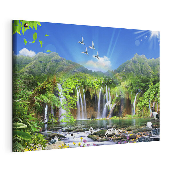 Canvas Schilderijen Serene watervallen en zwevende vogels