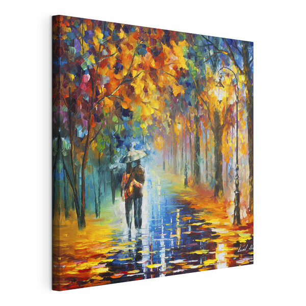Canvas Schilderijen Schilderij van een stel wandelend in de regen