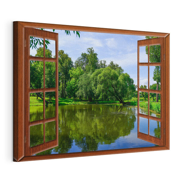 Uitzicht op een vijver door een raam Canvas Schilderijen Uitzicht op een vijver door een raam