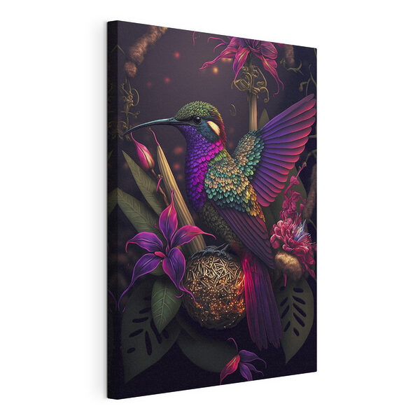 Levendige kolibrie tussen exotische bloemen Canvas Schilderijen Levendige kolibrie tussen exotische bloemen