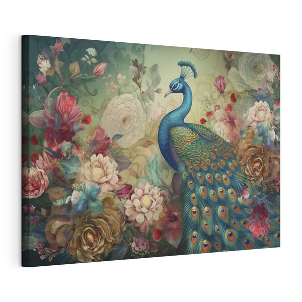 Elegante pauw tussen levendige bloesems Canvas Schilderijen Elegante pauw tussen levendige bloesems