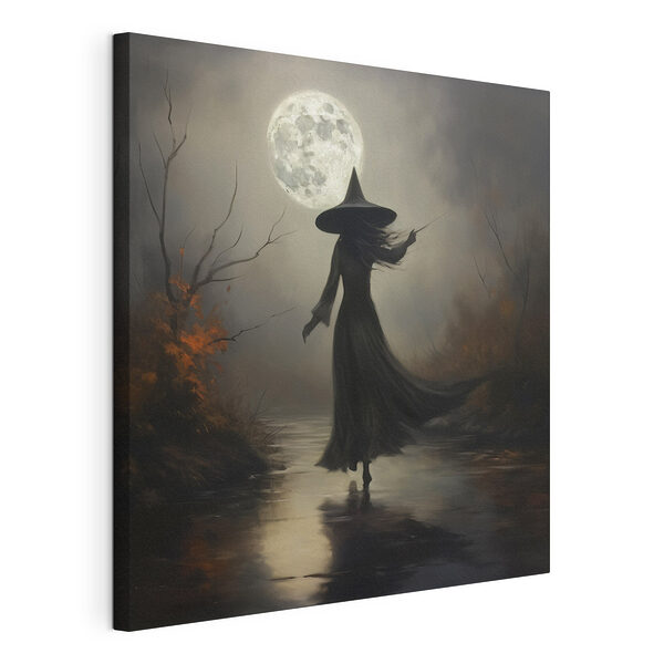 Vrouw in een persoonskledingstuk wandelend op een pad met een volle maan Canvas Schilderijen Vrouw in een persoonskledingstuk wandelend op een pad met een volle maan