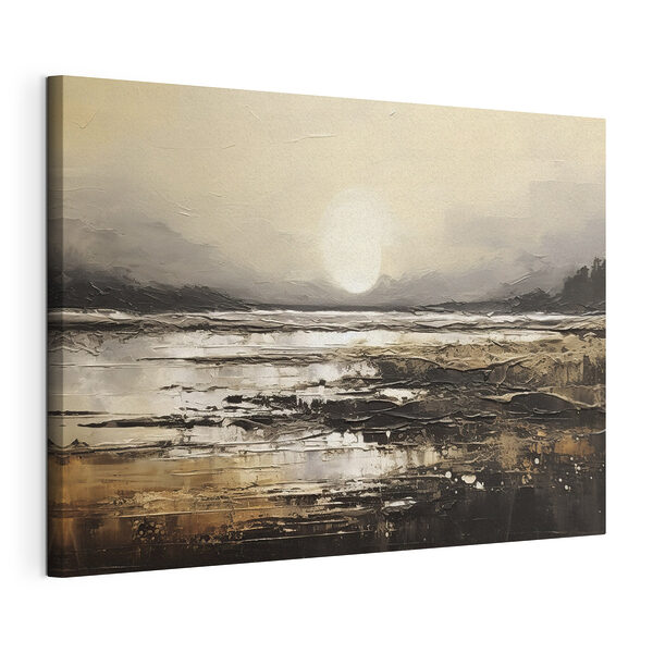 Canvas Schilderijen Schilderij van een strand met de zon op de achtergrond