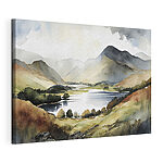 Canvas Schilderijen Aquarel van een meer omringd door bergen