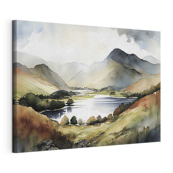 Canvas Schilderijen Aquarel van een meer omringd door bergen