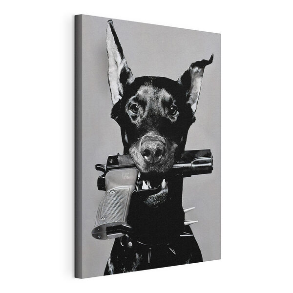 Canvas Schilderijen Hond met geweer