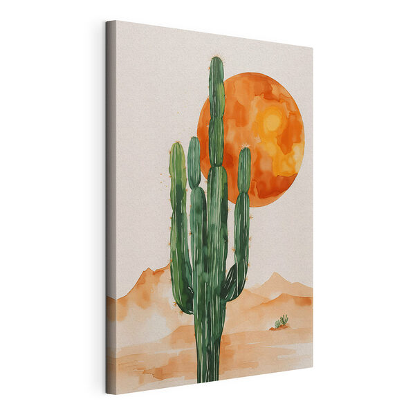 Schilderij van een cactus en een zon Canvas Schilderijen Schilderij van een cactus en een zon