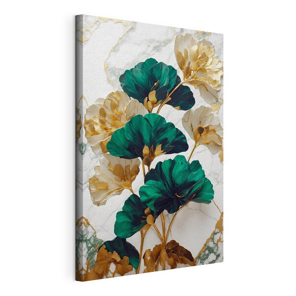 Canvas Schilderijen Smaragdgroene en ivoorkleurige bloemen lopen elegant in elkaar over