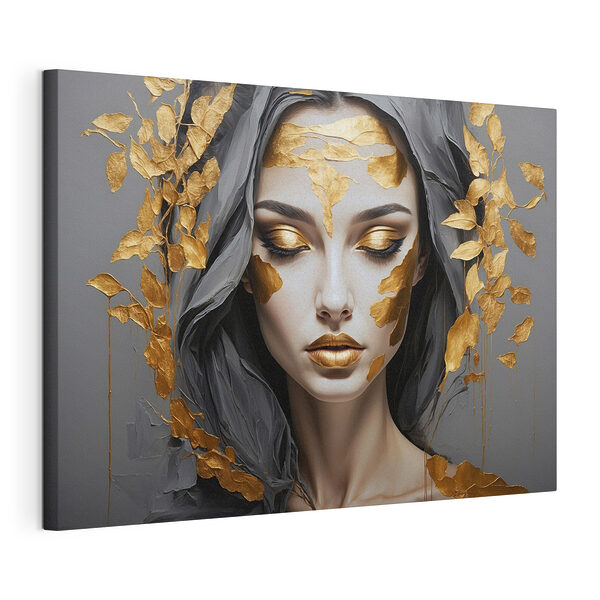 Vergulde bladeren omlijsten een sereen gezicht Canvas Schilderijen Vergulde bladeren omlijsten een sereen gezicht