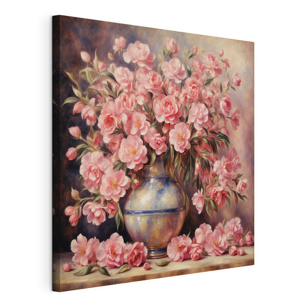 Roze bloesems in een vaas van keramiek Canvas Schilderijen Roze bloesems in een vaas van keramiek